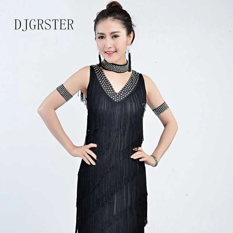 New Sexy Lady Performance Latin Dance Clothes V-neck Women Sequin Tassel Latin Dresses 7 Colors Modern Dress+gloves+necklace