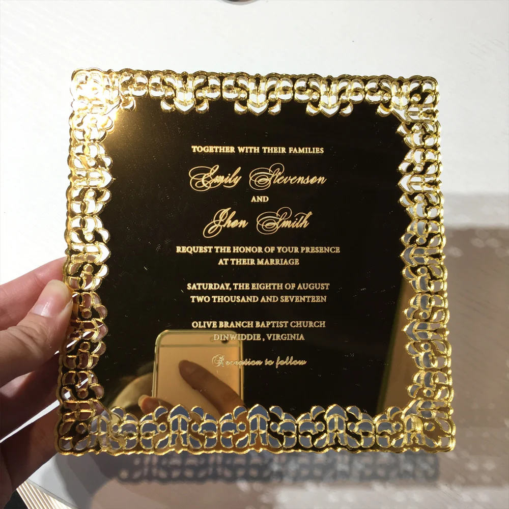 Romantic Luxury 150x150mm Square Shape Hollow Out Pattern Golden Mirror Acrylic Wedding Invitations 100 Pieces Per Lot