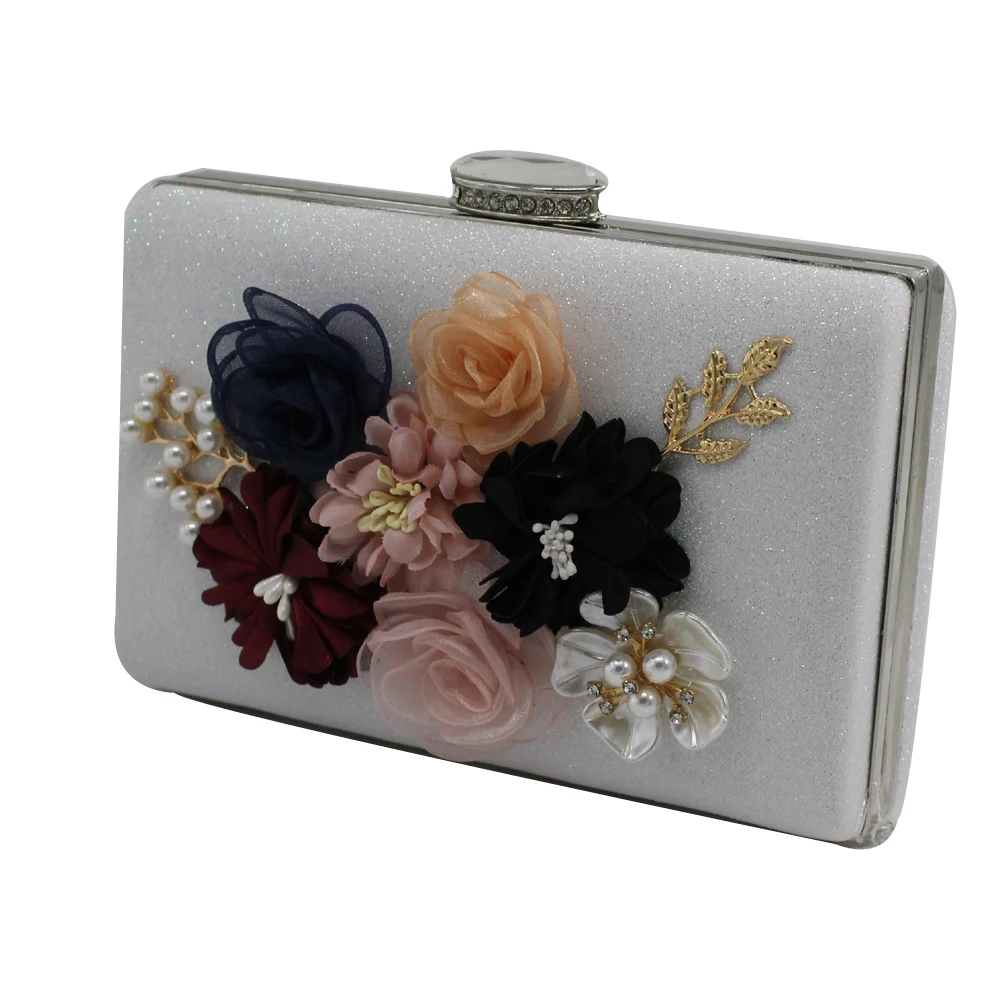 Bolso de mano para mujer, morral duro de dos Minaudiere Floral brillante de la flor de la pu con el bolso del taladro perlas de la noche del boda especial, novedad de 2018