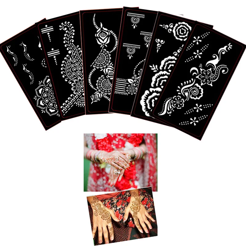 6PCS Self-Adhesive Reusable Henna Tattoo Stencil Set Mehndi Aribrush Templates for Women Girl Body Paint Indian Tattoo Stickers