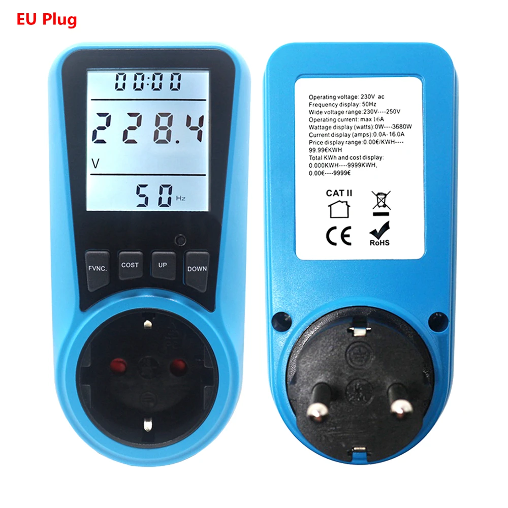 EU Plug AC Power Meter Digital Wattmeter Watt Energy Monitor Time Voltage Current Herz Price Display Socket Analyzer