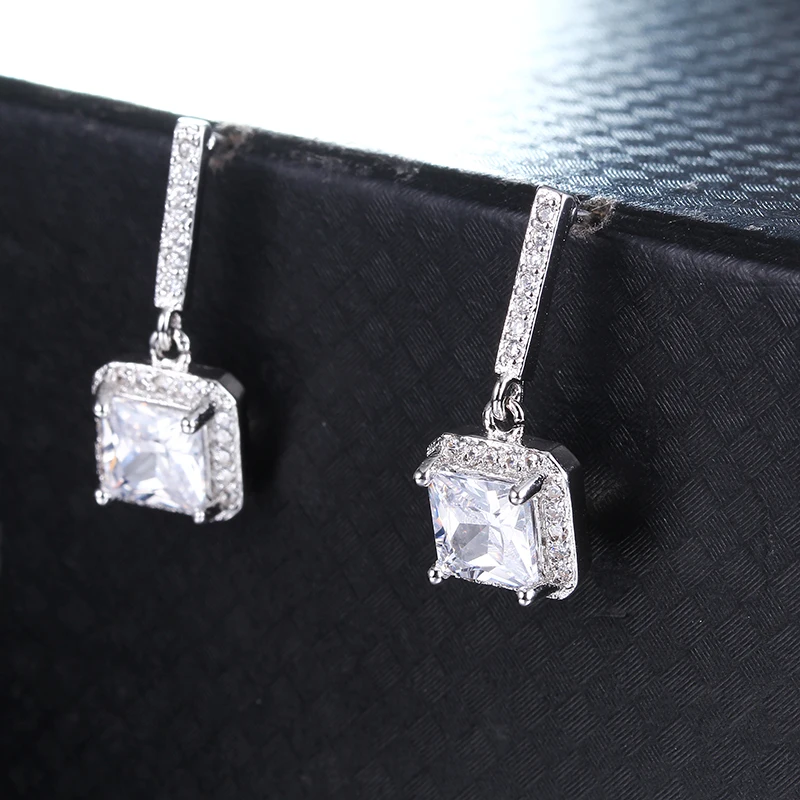 Fine Jewelry Drop Earrings For Women 925 Silver Needle White Gold Plated Wedding Stud Earring Square Cubic Zirconia Stone E033