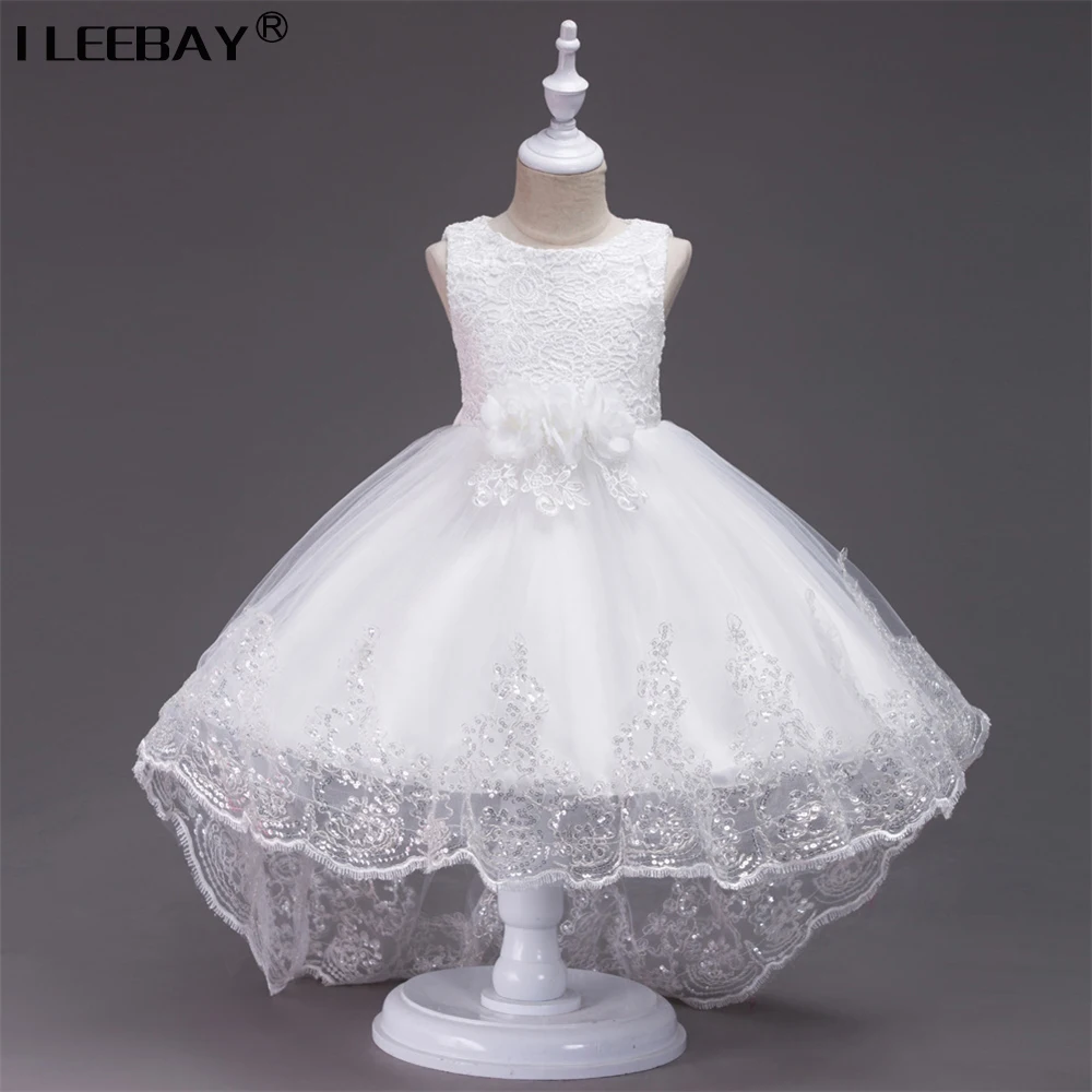 

2018 Princess Flower Girl Wedding Party Dress Kids Bow Sleeveless Trailing Lace Tulle White Tutu Dress Girls Toddler Dress