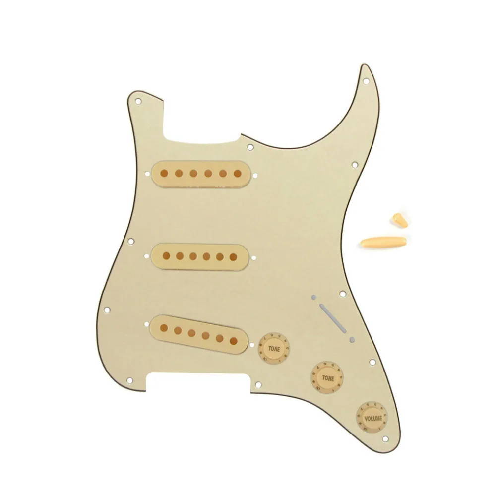 FLEOR Set of 11 Holes ST SSS Guitar Pickguard Plate Cream 3Ply & Single Coil Pickup Covers 2T1V Control Knobs Guitar Parts