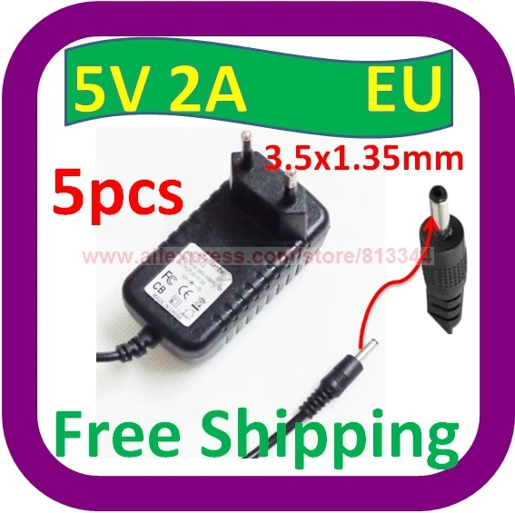 5 pcs Free Shipping 5V DC 2A 2000mA AC Adapter 3.5mm x 1.35mm EU plug Home Wall Charger Power Supply Cord