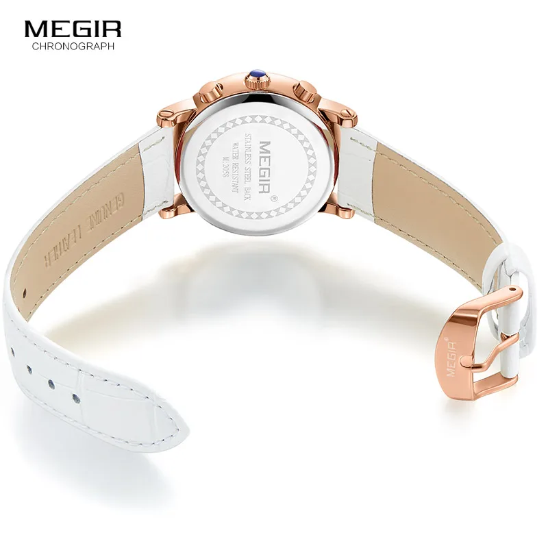 Megir Woman\'s Chronograph Quartz Watch with 24 Hours and Calendar Display White Leather Strap Wrist Stopwatches for Ladies 2058L