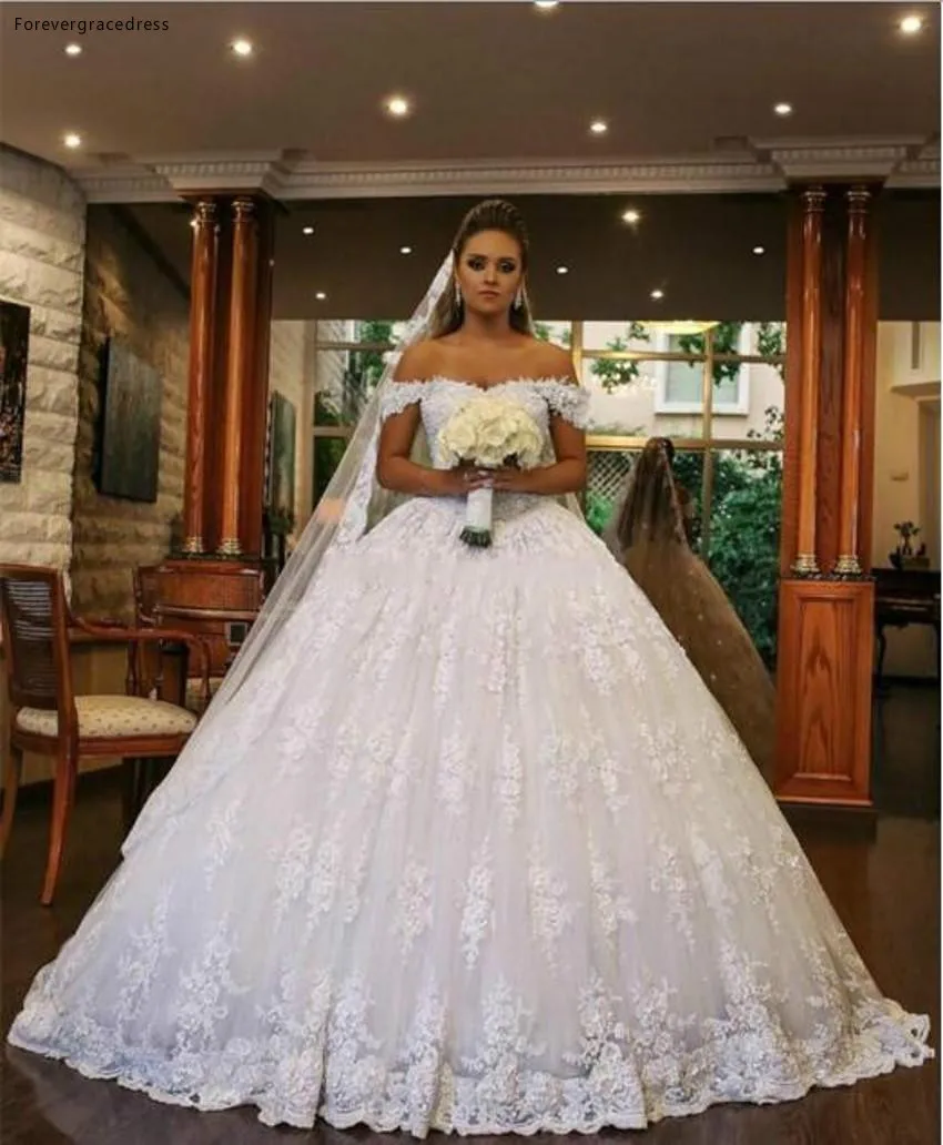 

2019 Princess Wedding Dress African Arabic Dubai Off Shoulder Full Lace Long Church Formal Bride Bridal Gown Plus Size