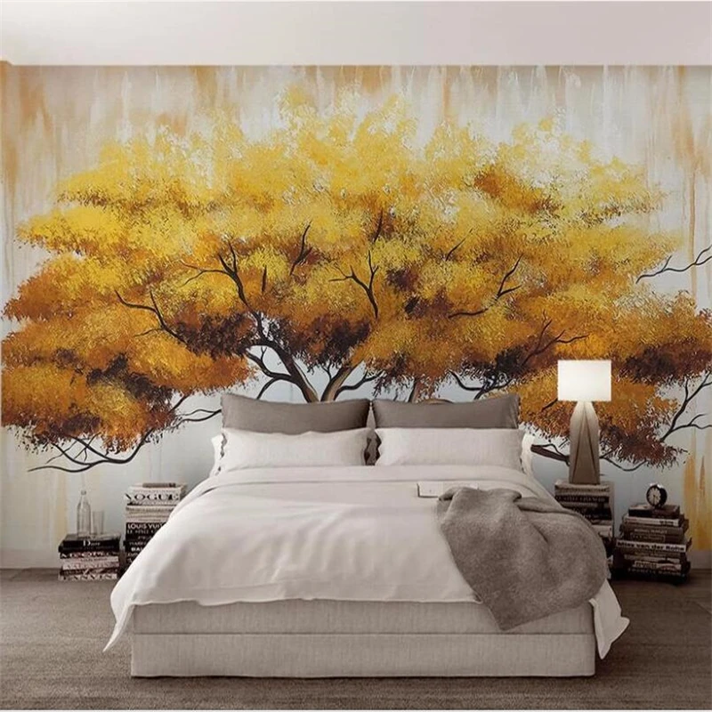 

beibehang Custom wallpaper 3d murals a tree warm yellow hand-painted oil painting big tree TV background wall bedroom wallpaper