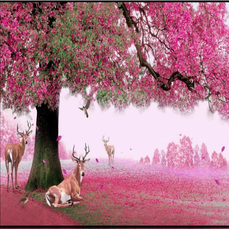 wellyu Custom large - scale murals fantasy trees deer cherry red leaves TV background wall non - woven wallpaper