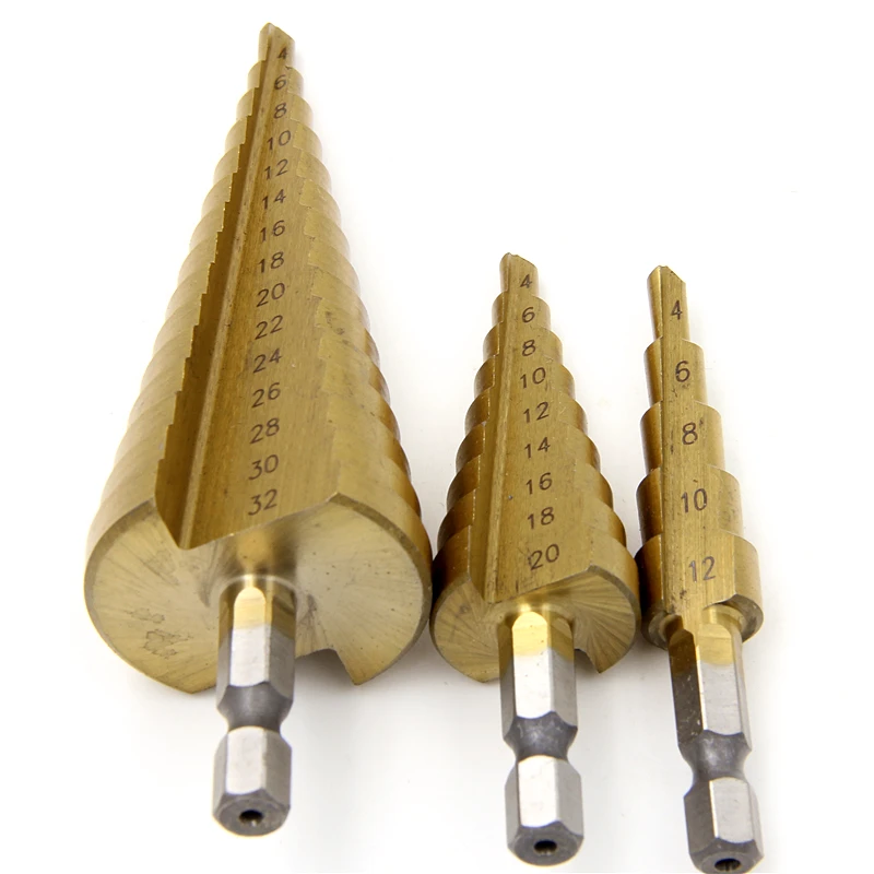 3 stücke 4241 HSS Schritt Bohrer Bits1/4 Hex Schaft 4mm Zu 12mm20mm32mm Holz Metalwoking Bohrer Werkzeug set Loch Cutter