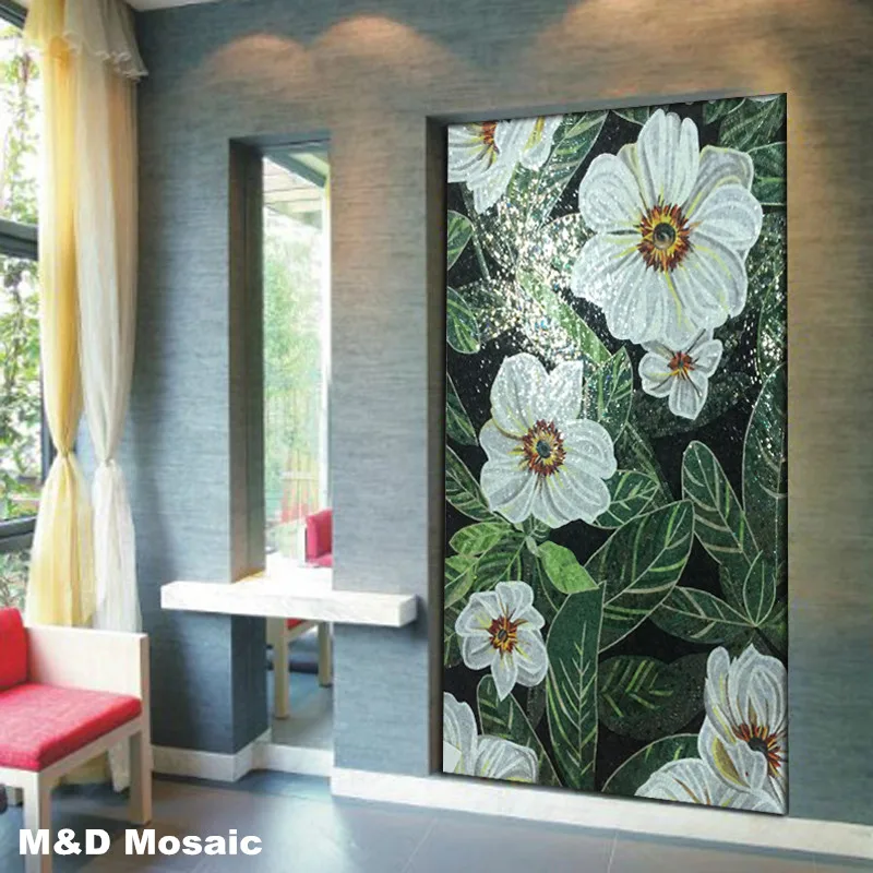 

Classic Power Leaf White Flower Glimmer Glass Mural Art mosaic tile Ceiling Floor Wall tile backsplash Decoration