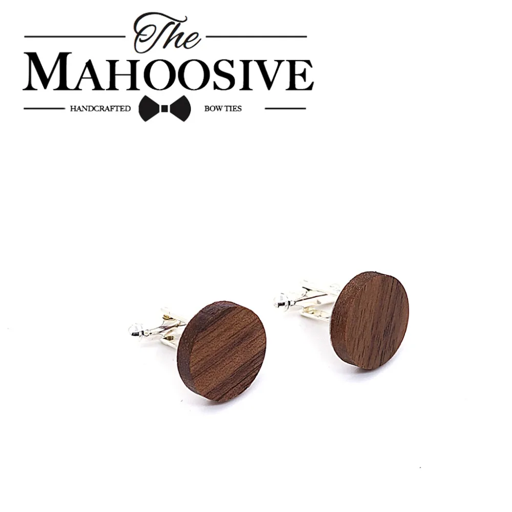 MAHOOSIVE Wooden Cufflinks France Wedding Groom Round Black Walnut Cufflinks For Mens shirt accessories Cuff Links men jewelry