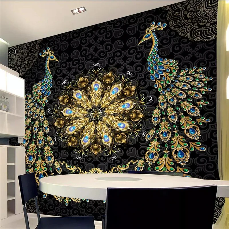 

beibehang Custom wallpaper 3d photo mural luxury black gold gem peacock background wall papers home decor papel de parede murals