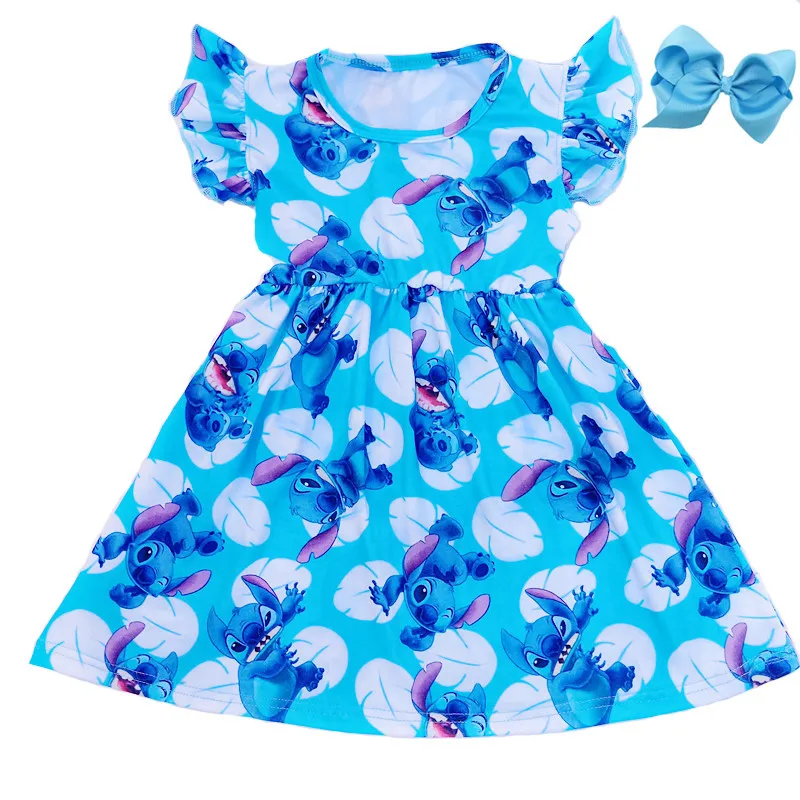 

Hot Selling Children Summer Short Sleeve Clothes Baby Girls Blue Dress Cartoon Stitch Printed Dresses Milksilk Boutique with bow