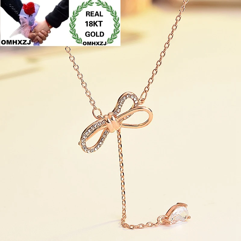 

OMHXZJ Wholesale European Fashion Woman Girl Party Birthday Wedding Gift Bow Tassel Zircon 18KT Rose Gold Pendant Necklace NA233