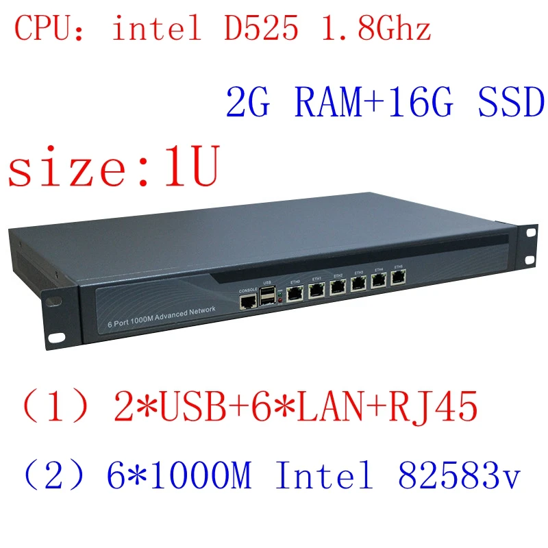 

Intel D525 1U Rack Ears Network Server with 1000m Gigabyte LAN support ROS PFSense Panabit Wayos 2G RAM 16G SSD