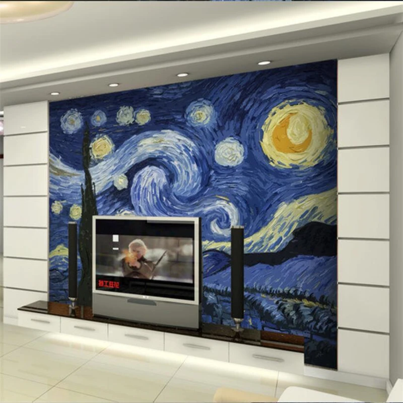 wellyu  papel de parede para quarto Custom wallpaper wood carving effect Van Gogh Star decoration painting background wall