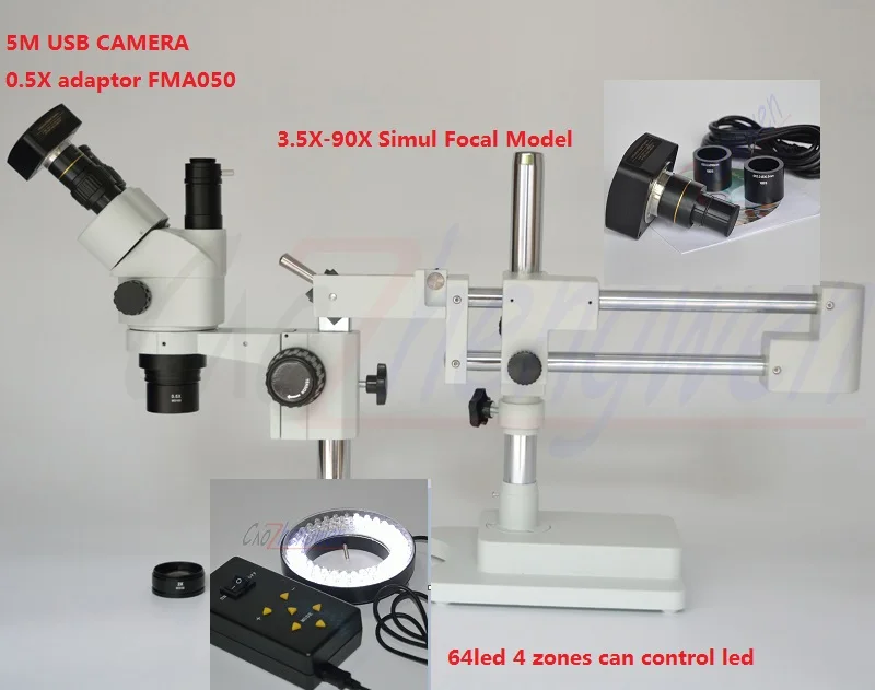 

FYSCOPE NEW Microscope 3.5X-90X Simul-Focal Microscope Double Boom Stand Trinocular Stereo Zoom Microscope+5M USB CAMERA