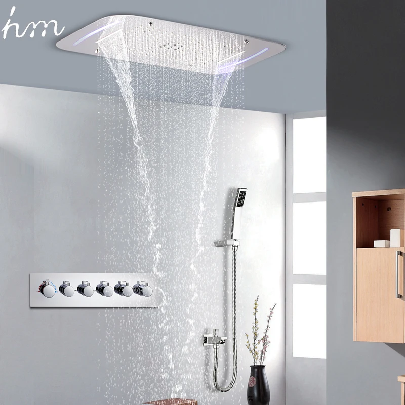 

hm 5 Functions Reccessed Rainfall Waterfall Mistfall Ceiling ShowerHead Thermostatic Shower Set Wall Mounted SPA Massage Faucets