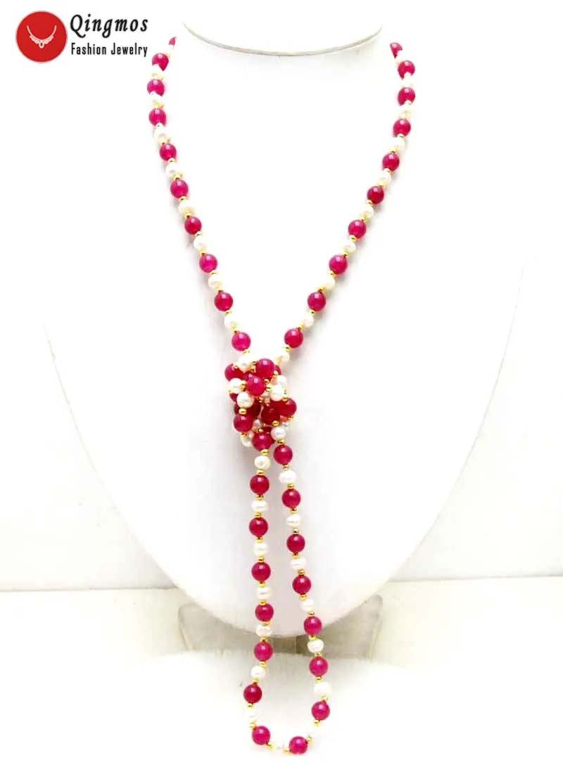 

Qingmos Natural Pearl Necklace for Women with Round 6-7mm White Pearl 8mm Rose Pink Jade Long Necklace Jewelry 40'' nec6054