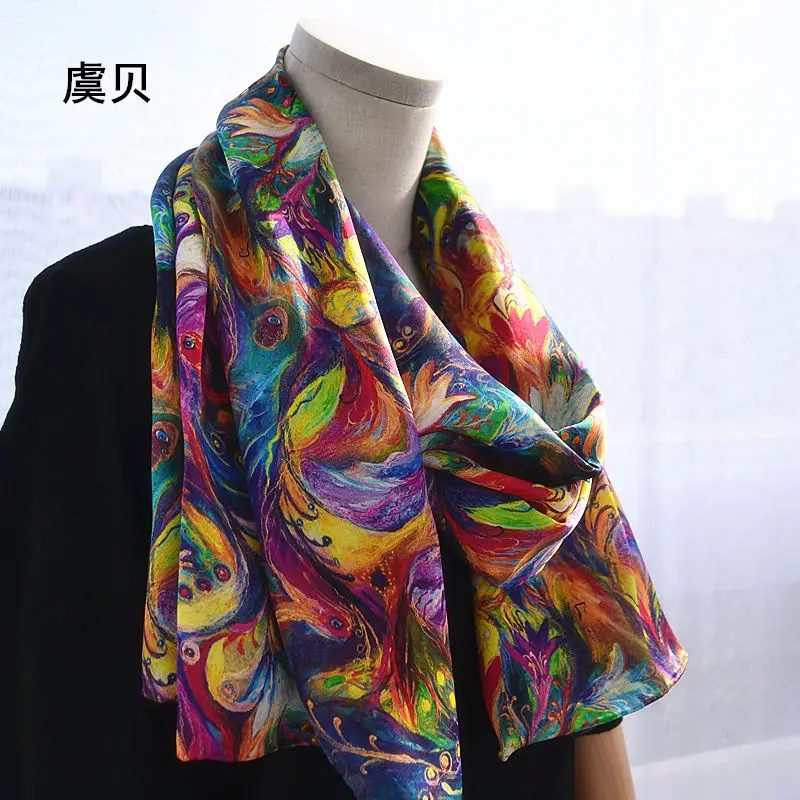 Printed long scarf women sunscreen soft thin silk scarf color feathered flowers scarves wrap shawl hijab bandana gift for lady