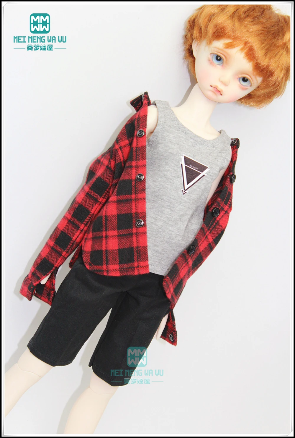 BJD Pakaian untuk Boneka Fit 43 Cm 1/4 BJD MSD Boneka Fashion Kotak-kotak Kemeja, Rompi, Celana Pendek