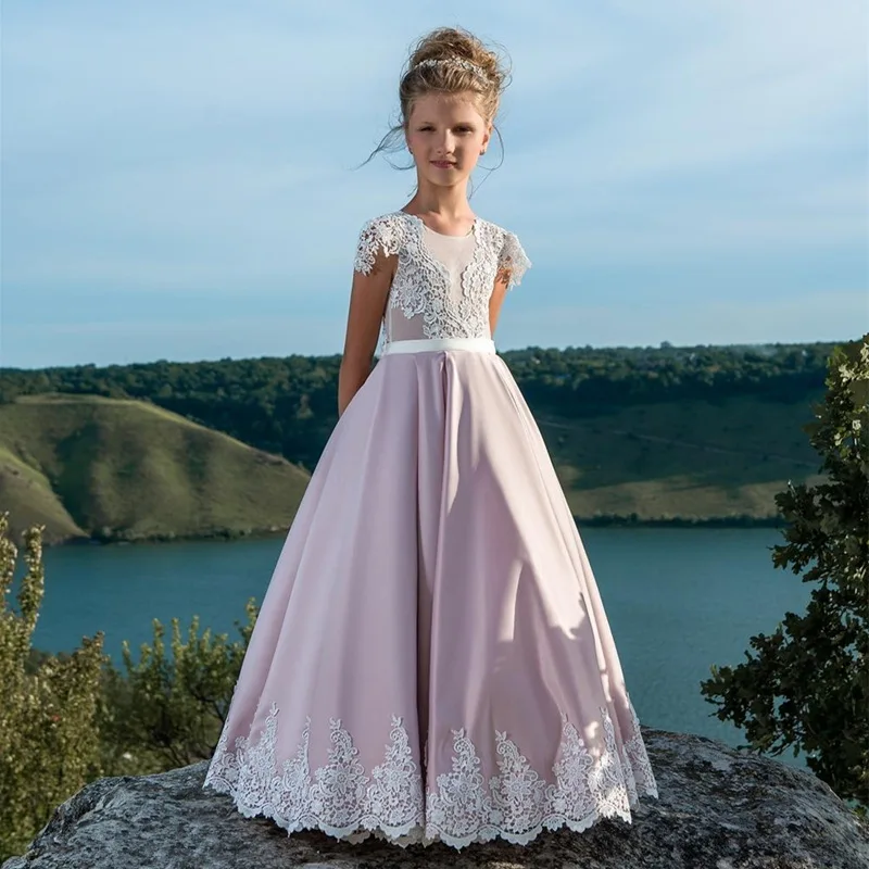 

Pink Satin Flower Girl Dresses Party Sleeveless Lace Applique Dress Lace First Holy Communion Get Together Dresses