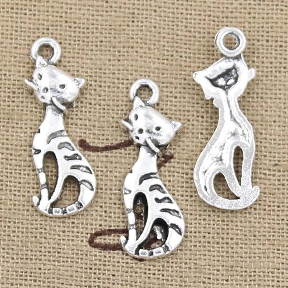 30pcs Charms Cat 25x9mm Handmade Craft Pendant Making fit,Vintage Tibetan Silver color,DIY For Bracelet Necklace