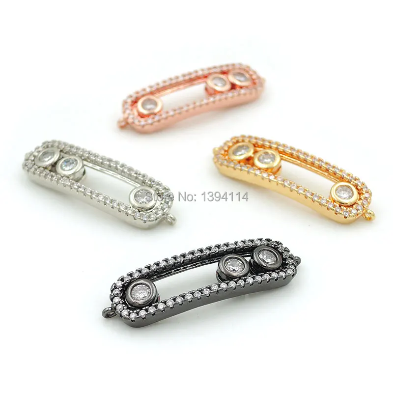 

22*7*3mm Micro Pave Clear CZ Arc Oblong Connector With 3 Movable Beads Fit For Women As DIY Bracelets Accessory