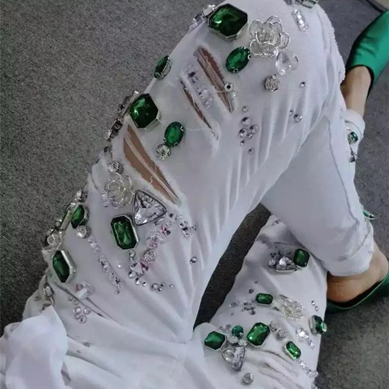 Vintage Green Diamonds Mid Waist Womens Casual Jeans Female Trousers New Fashion High Quality Skinny Stretch Pencil Pants Hole