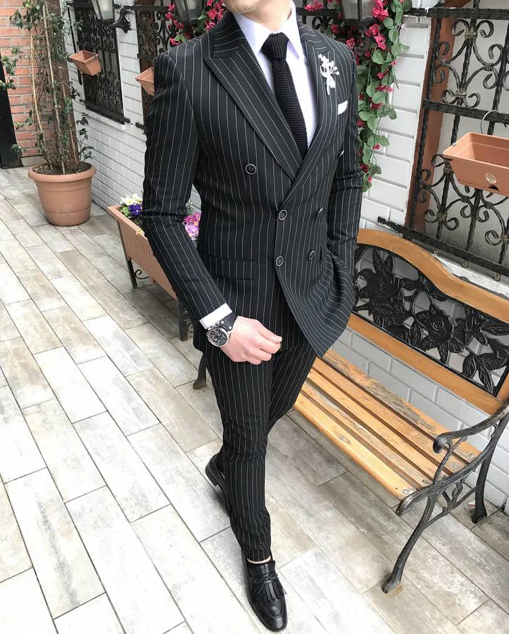 Mens Striped Blazer Suits 2 Piece Formal Slim Fit Double-Breasted Groomsmen Tuxedos for Weddding Suits for Men (Blazer+Pant)