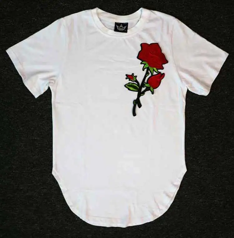 Man Si Tun Fashion Hipster Rock Rapper Hiphop O-neck Rose Embroidery Solid T-shirt Extended Lengthen High Street Tee Shirt Men