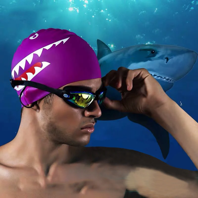 Trisass 2021 New Man\'s Swimming Cap Adult Elastic Shark Swimming Caps Waterproof Protect Ears Long Hair Soft Women Bathing Cap