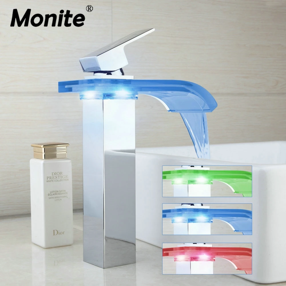 

Monite LED Bathroom Basin Faucet Brass Chromed LED Waterfall Taps Water Power Basin Led Tap Mixer 3 Colors Change Tap