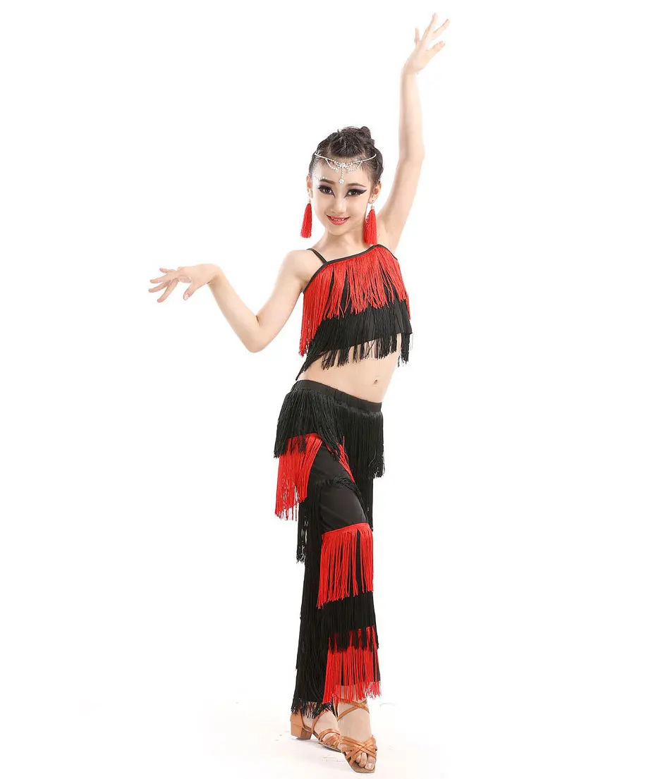 Nieuwe Kinderen Bachata Latin Dans Kostuums Meisjes Ballroom Tango Salsa Latin Danswedstrijd Kostuum Fringe Broek Tops