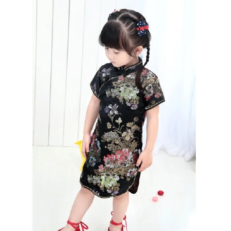 Peony Black Girl Fashion Dress New Year Gift Chinese Qipao For Young Girl 2-16Years Girl Vestidos Children Clothes Top Quality