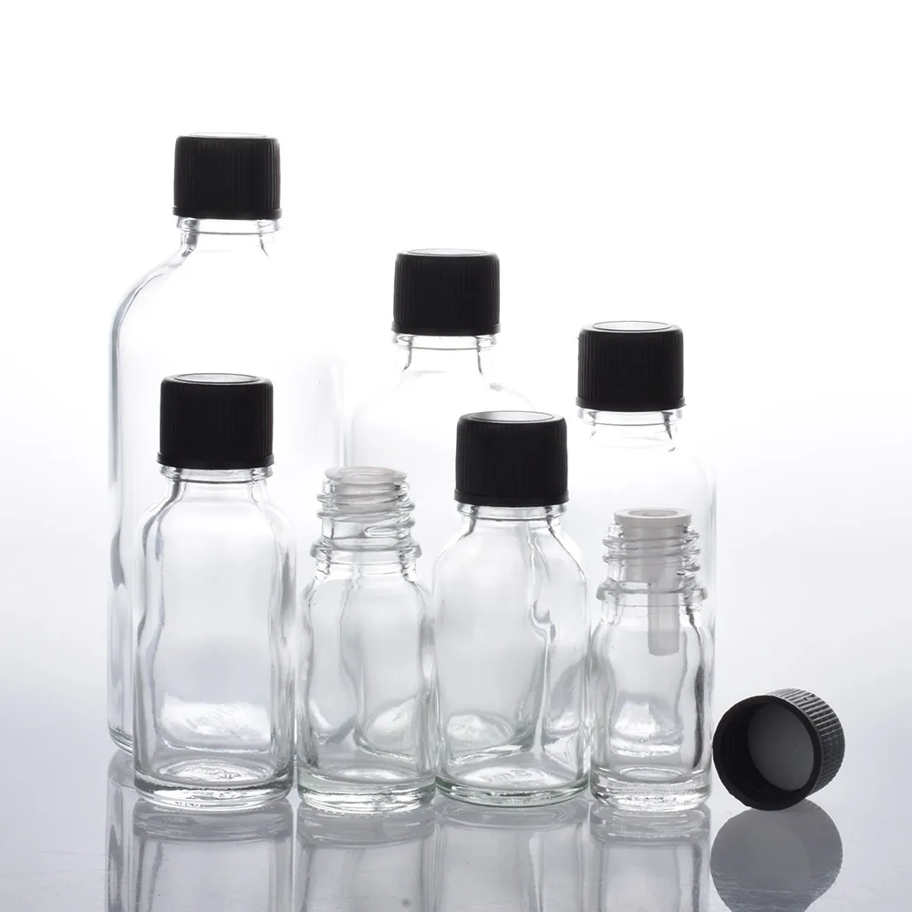 6 sztuk/partia 100 ml 50 m 30 ml 20 ml 15 ml 10 ml 5 ml 1/3 oz 1 oz puste jasne niezbędne szklane butelki na olej z czarną czapką pojemniki szklane