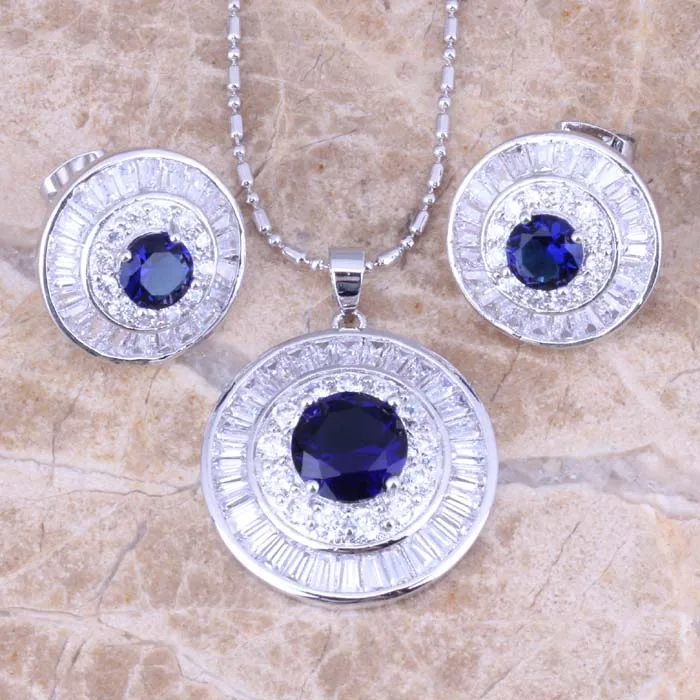 Prominent Blue Cubic Zirconia White CZ Silver Plated Earrings Pendant Necklace Jewelry Sets S0778