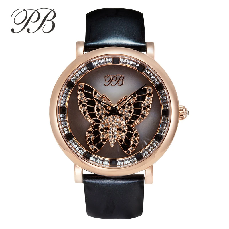 Princess Butterfly Luxury Brand Women Watches Rotatable Diamond Crystal Butterfly Waterproof Leather Quartz