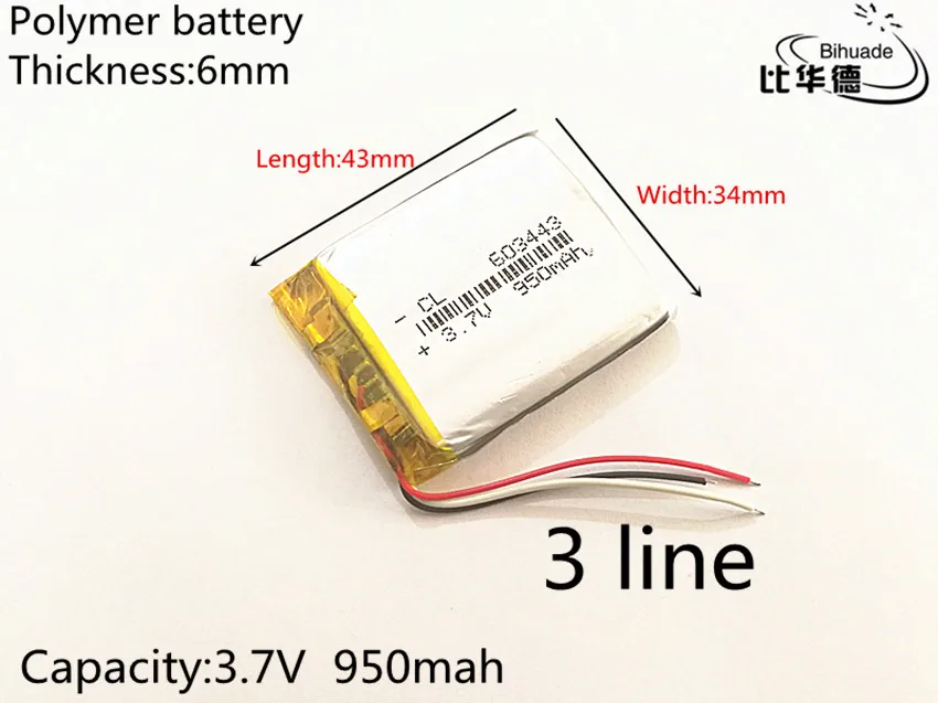 3 line 3.7V 950mAh 603443 tablet battery Rechargeable Battery For Mp3 MP4 MP5 GPS mobile