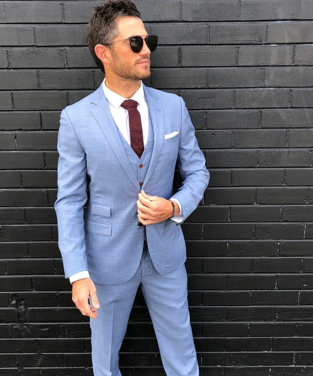 New Fashion Light Blue Linen Groom Tuxedos Peak Lapel Groomsmen Suits Man Jacket Blazer 3 Piece Suit(Jacket+Pants+Vest)
