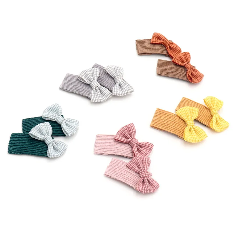 Cute Corduroy Houndstooth Children Baby Hair Clips Triangle Hair Pin Striped Plaid Bow Hairband Hairgrip Barrette Girls Clips