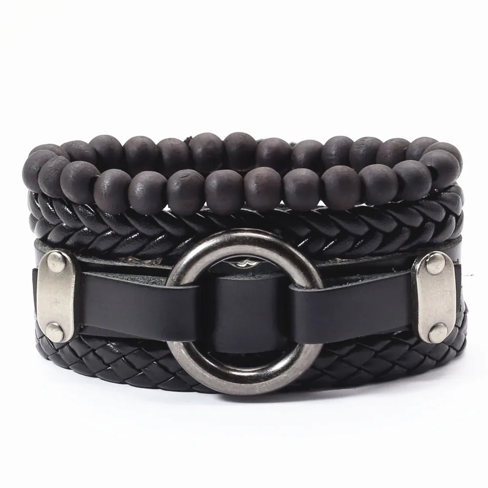 New Multilayer 4 Pcs/set Vintage Circle Leaf Brown Black Leather Men Bracelets For Women Femme Homme Male Jewelry