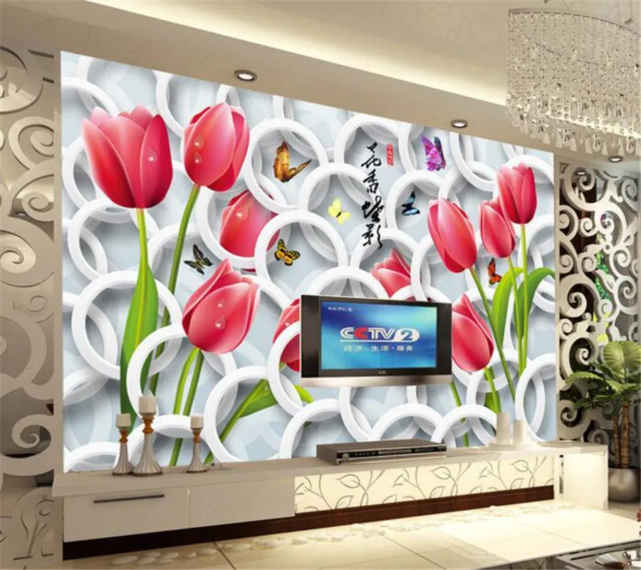 Beibehang tapete für wohnzimmer Floral Tulpe Schmetterling 3D stereoskopischen Kreis Hintergrund Wand Dekorative 3d tapete wandbild