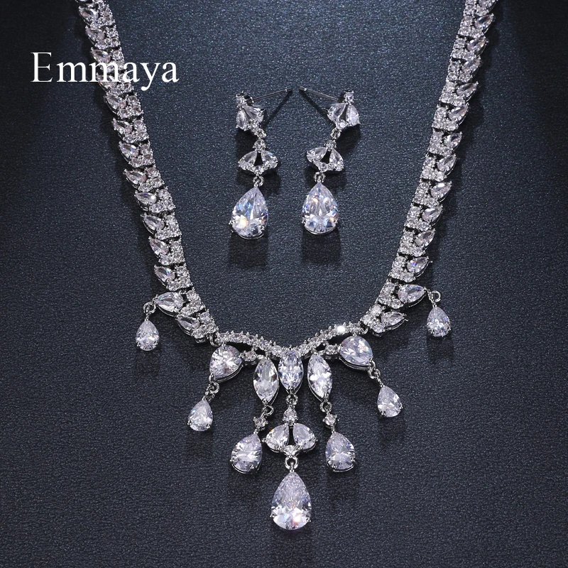 

Emmaya Brand New Hot Sale Women AAA Zircon Water Drop Clear CZ Bridal Set for Luxury Wedding Choker Necklace Jewelry Sets Gift
