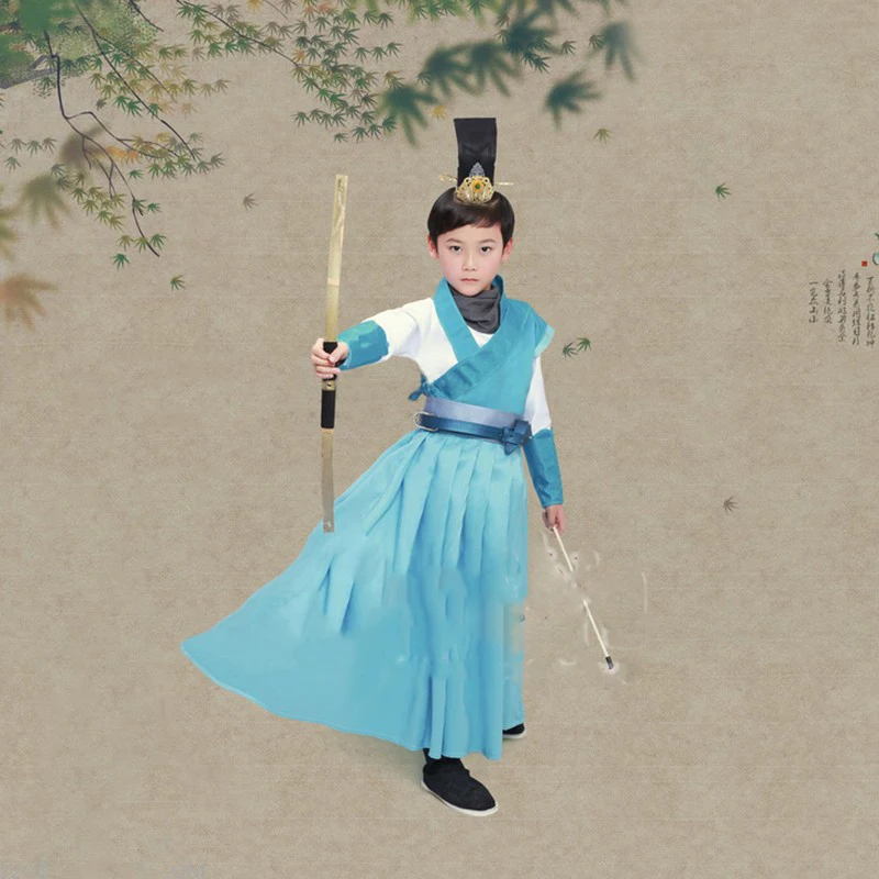 LingGongZi Sky Blue Swordman Costume Hanfu for Little Boy Children's Day or Halloween Cosplay Hanfu