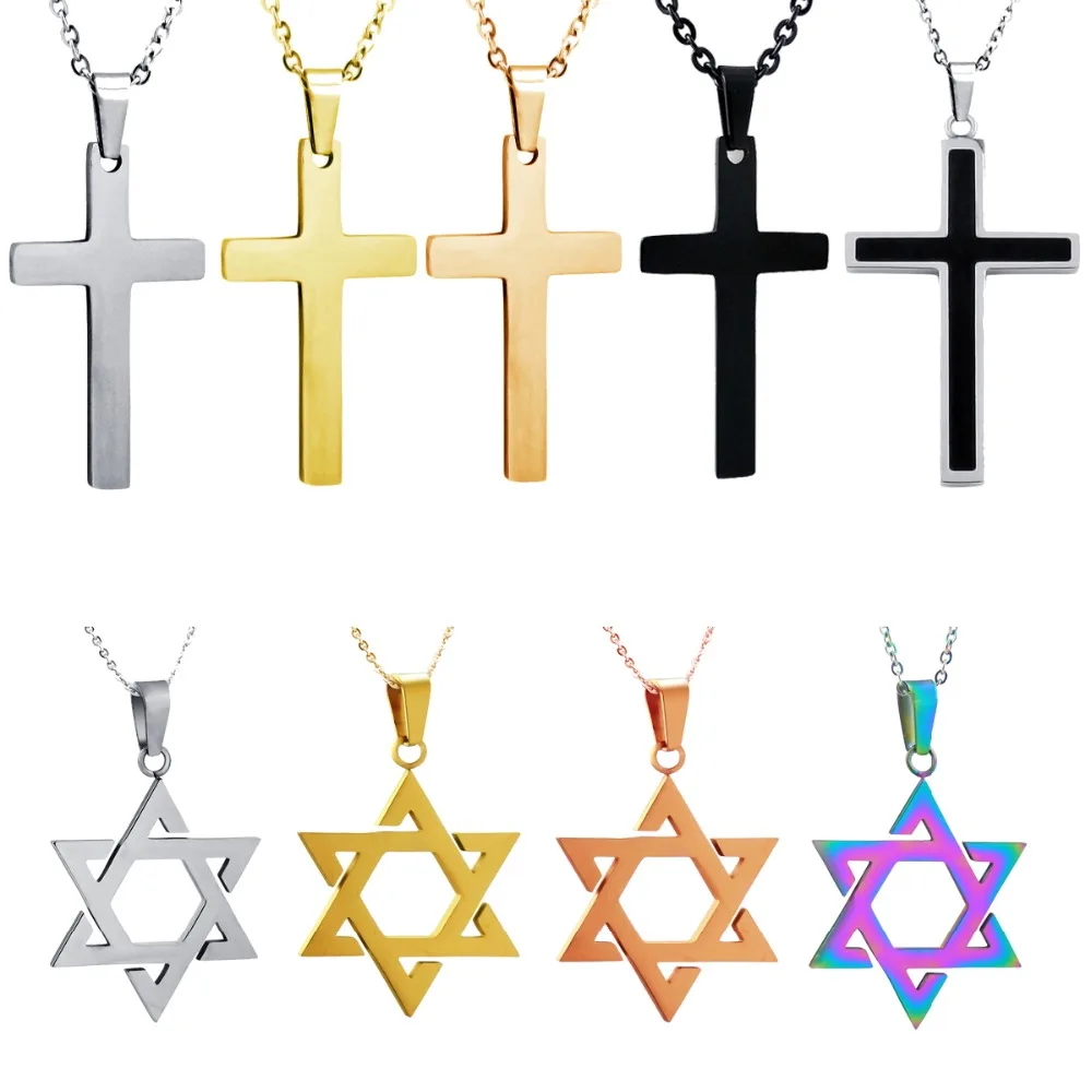 Vicky-Home 316L Stainless Steel Hot Magen Star of David Cross Pendant Necklace Gold Color Women/Men Chain Israel Jewish Jewelry