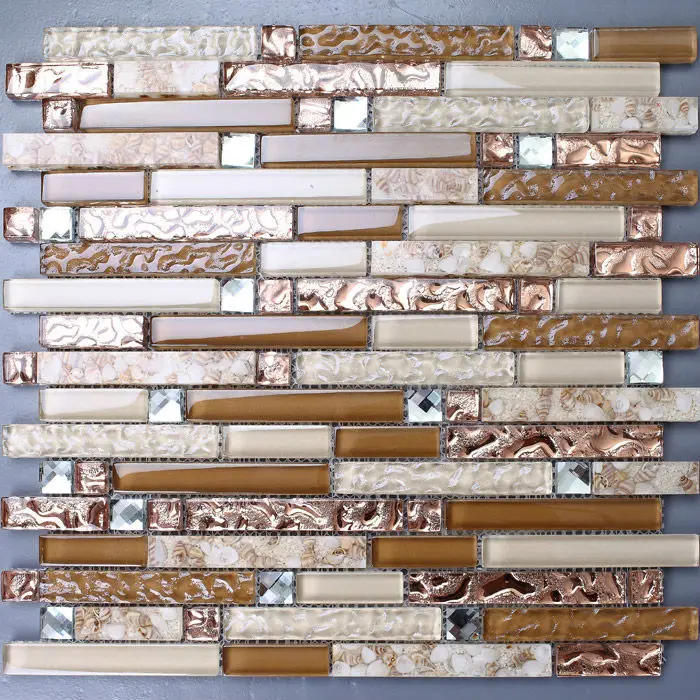 

Interlocking Glass Mosaic tile brown rose gold 13 Beveled kitchen backsplash bathroom stair porch wall deco Sea Shell resin