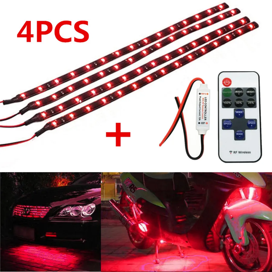 Motorcycle 4PCS 30CM Red LED Light Universal Wireless Remote Control  Flexible Strips Decoration Atmosphere Light