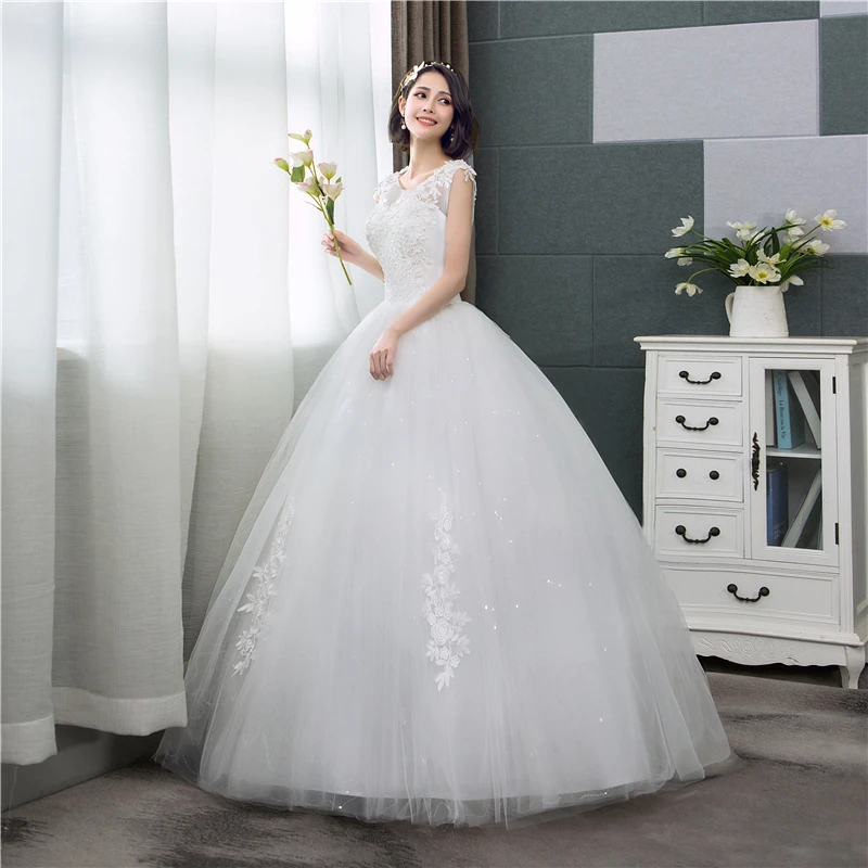 Hot Sale Korean More Pearls Appliques Lace Ball Gown Cheap Wedding Dress 2022 New Fashion Sweet O-Neck Summer Estidos De Noivas